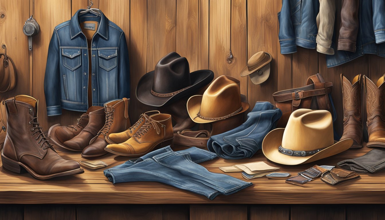 A rustic wooden table displays a collection of iconic cowboy gear, including hats, boots, and leather jackets, alongside swatches of denim, suede, and plaid fabrics