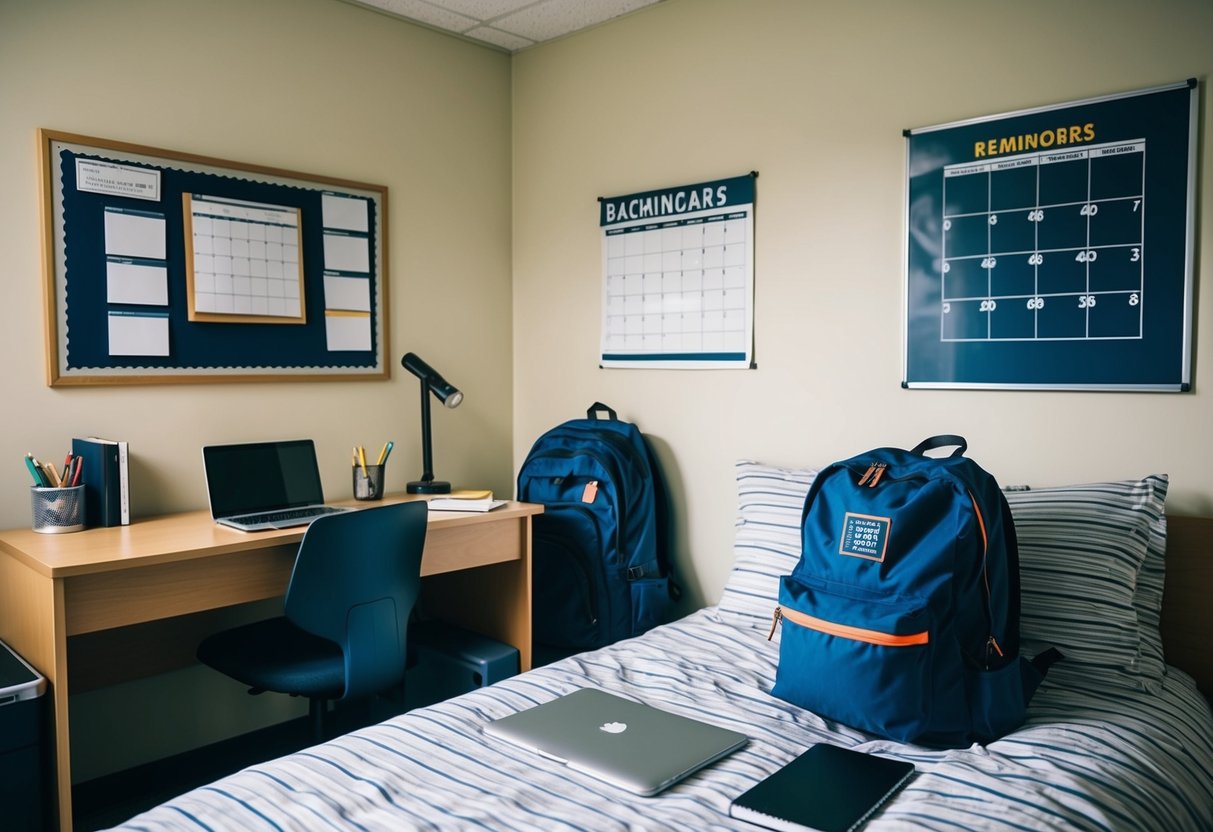 A dorm room with a neatly made bed, desk with books and laptop, and a backpack ready for class. A calendar on the wall and a bulletin board with reminders