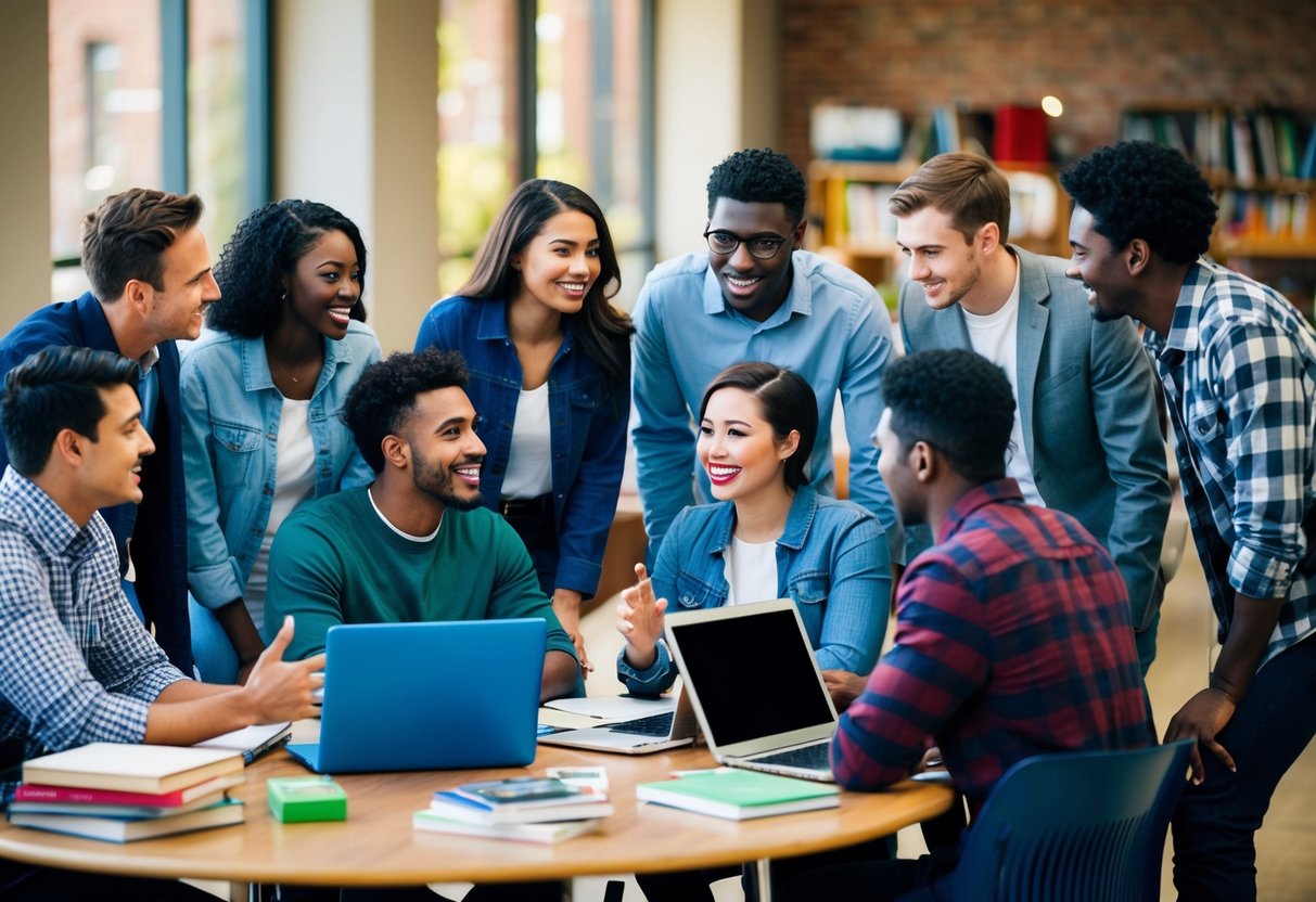 A group of diverse students gather around a table, engaging in conversation and sharing experiences. They are surrounded by college-related books, laptops, and school supplies