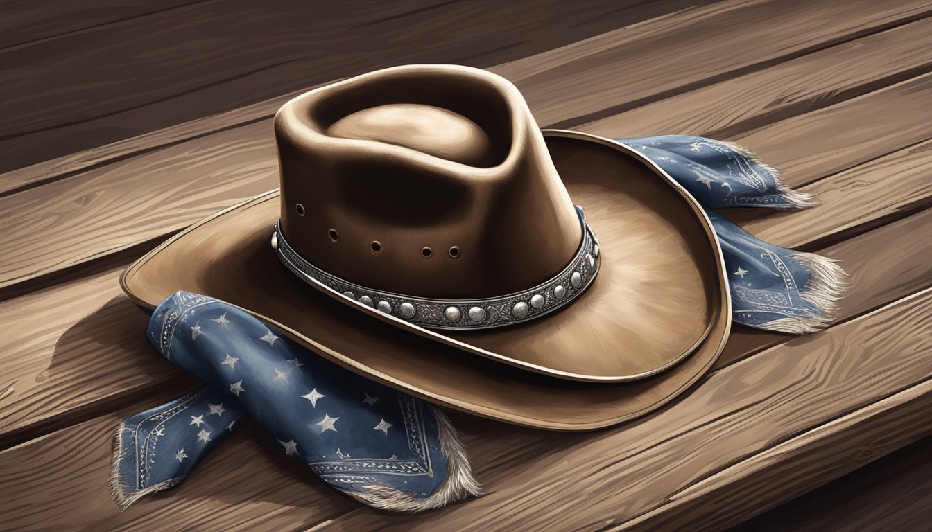 A dusty cowboy hat, worn leather boots, a bandana, and a silver belt buckle laid out on a weathered wooden table