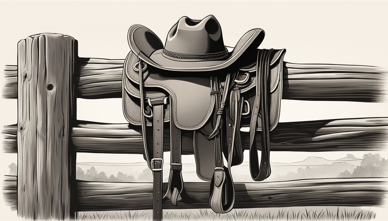 A dusty saddle, worn leather chaps, a weathered lasso, and a wide-brimmed hat hang on a wooden fence post, ready for a day of ranch work