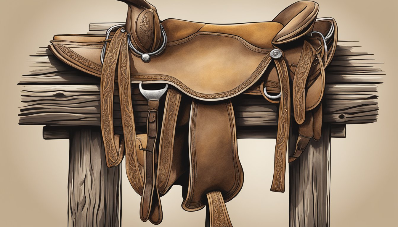 A rustic leather saddle sits atop a weathered wooden fence, surrounded by worn cowboy boots, a coiled lasso, and a classic Stetson hat