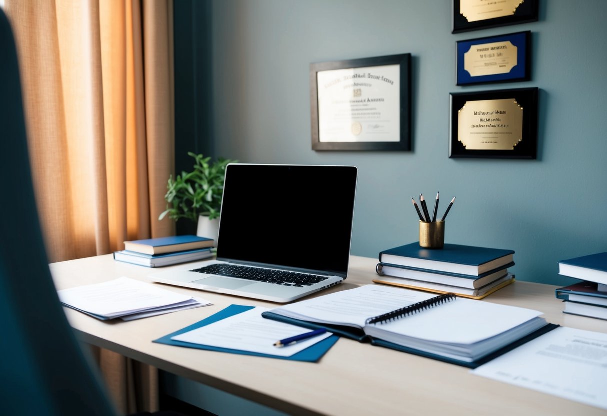 A desk with a laptop, books, and papers. A diploma and extracurricular awards on the wall