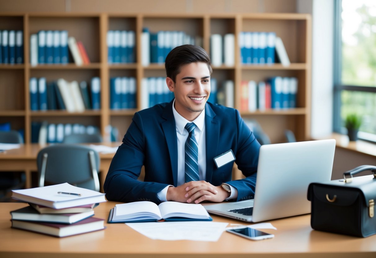 A college student at a desk with a laptop, surrounded by books and papers. A professional setting with a briefcase and a name tag