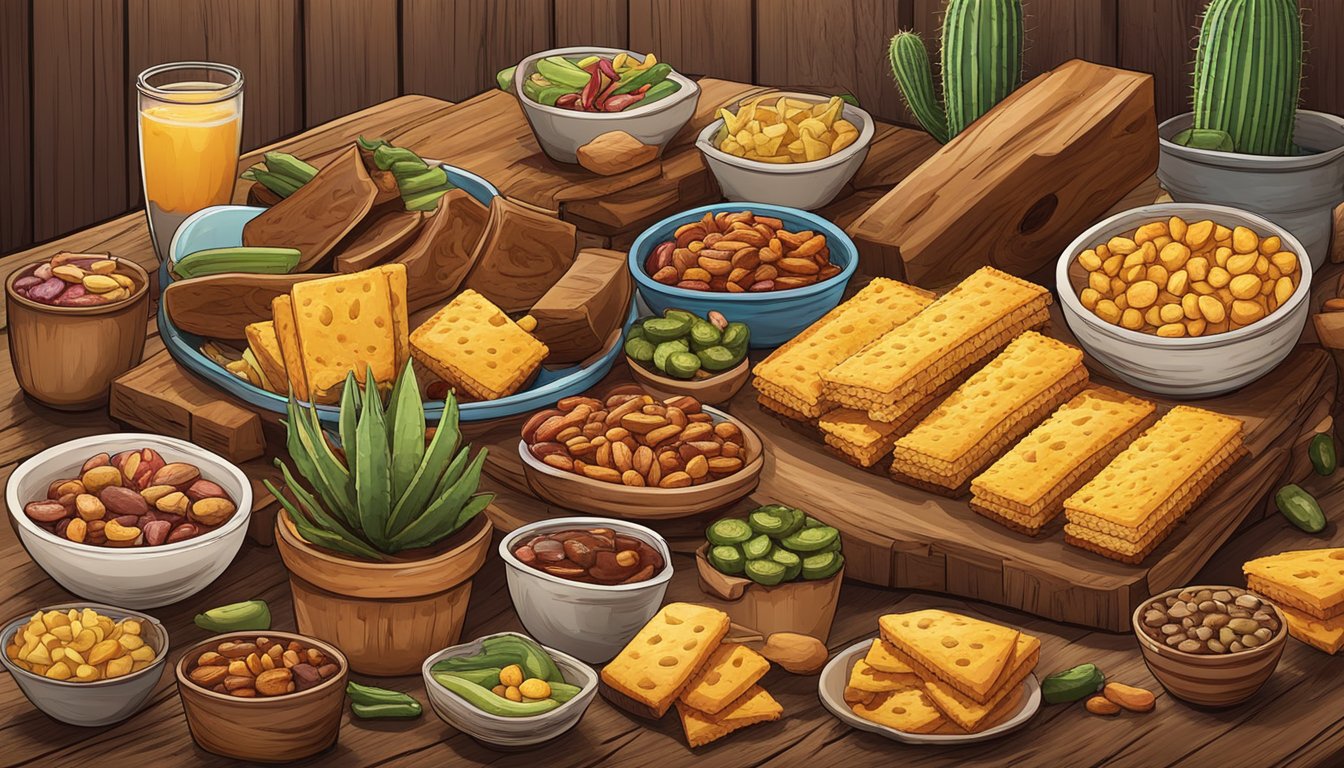 A rustic wooden table adorned with a variety of cowboy-inspired snacks and small bites, such as jerky, chili, cornbread, and cactus salad