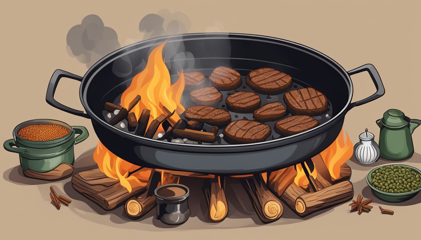 A campfire surrounded by cast iron pots and pans, with sizzling meat, bubbling beans, and aromatic spices filling the air