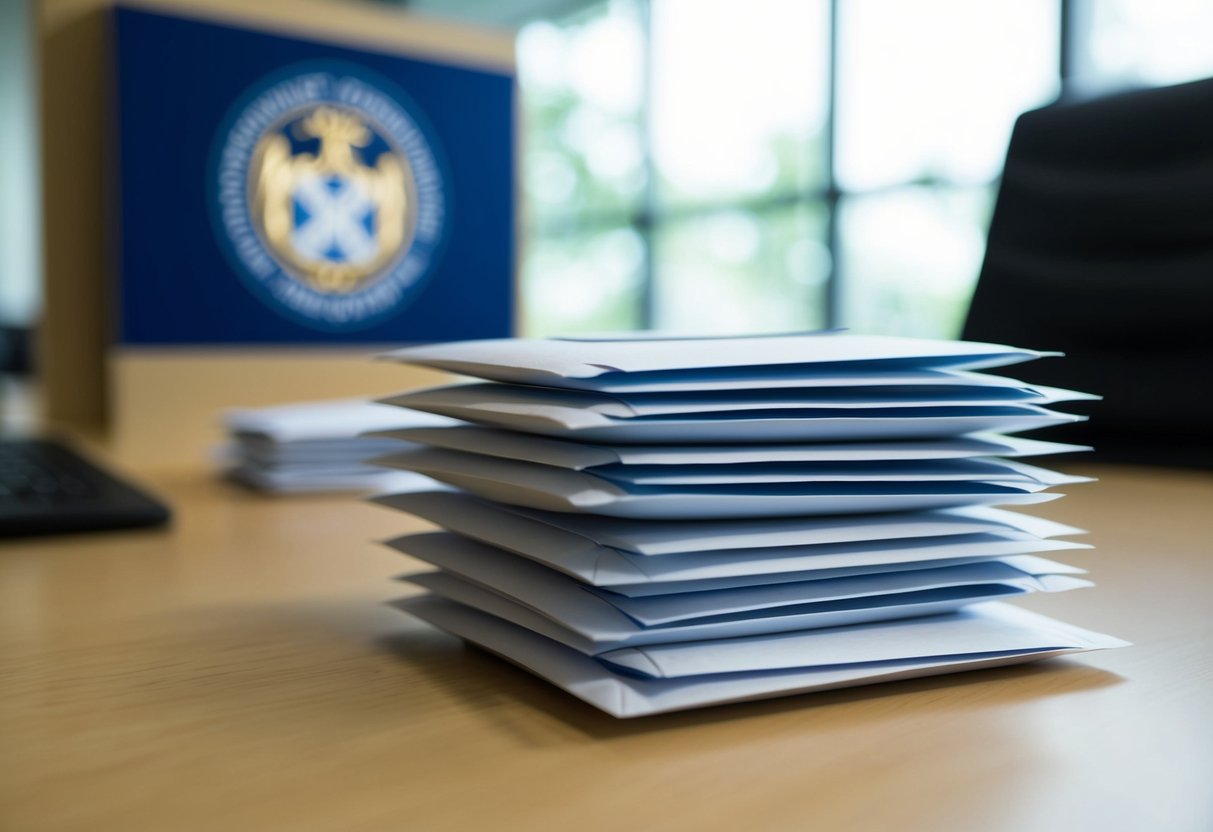 A stack of sealed envelopes on a desk, with a college emblem in the background