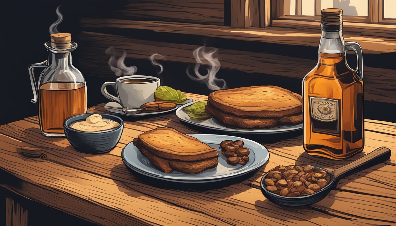 A cowboy meal spread with a steaming mug of coffee and a bottle of whiskey on a rustic wooden table