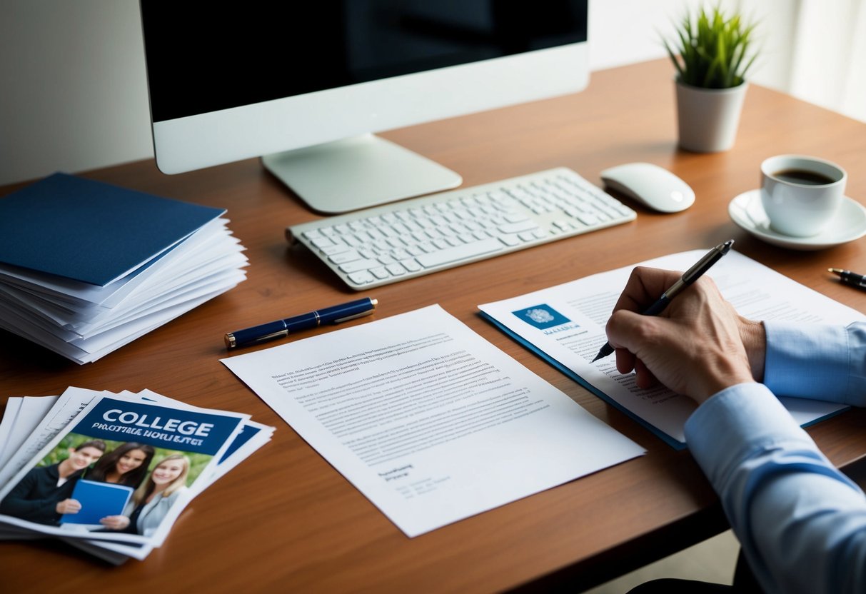 A desk with a pen, paper, and a computer. A stack of letters and a college brochure sit nearby. A person's hand is writing