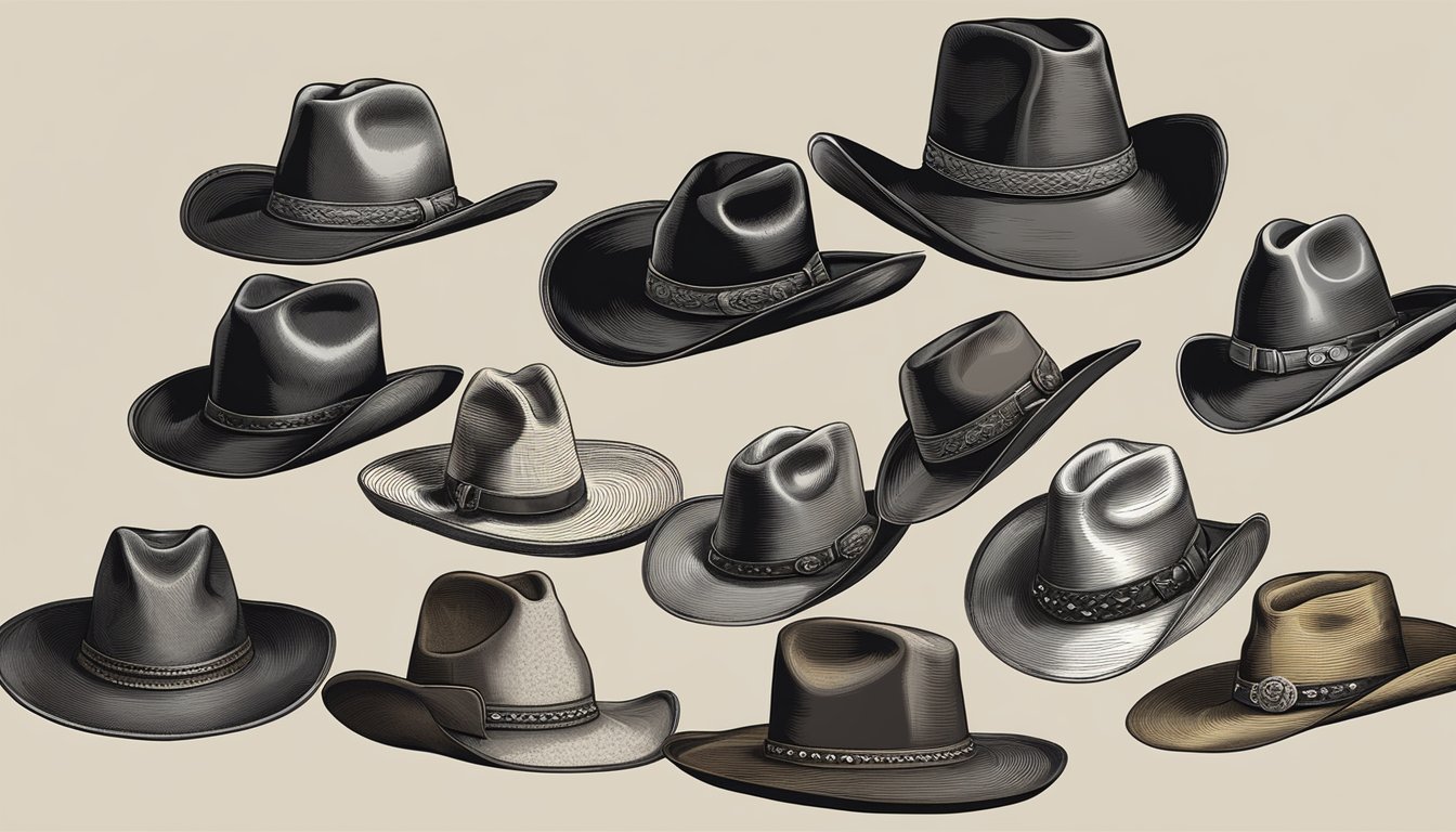 A group of various cowboy hats arranged on a table, each representing a different style and type