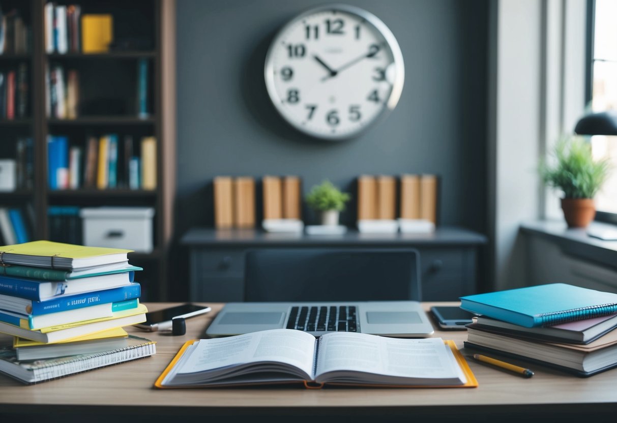 A cluttered desk with open textbooks, notes, and a laptop. A clock on the wall shows the time