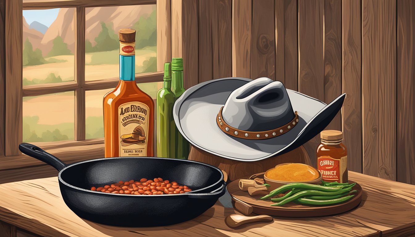 A cowboy hat rests on a wooden table adorned with a cast iron skillet, a pile of beans, and a bottle of hot sauce. A rustic wooden sign hangs on the wall, depicting a cowboy cooking over an open fire