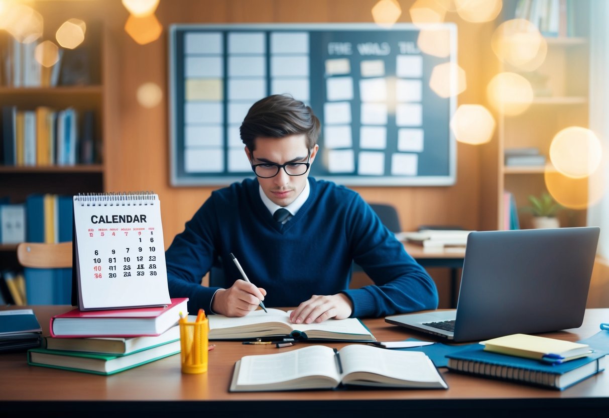 A cluttered desk with books, a laptop, and study materials. A calendar with dates circled and a clock showing a focused student working diligently