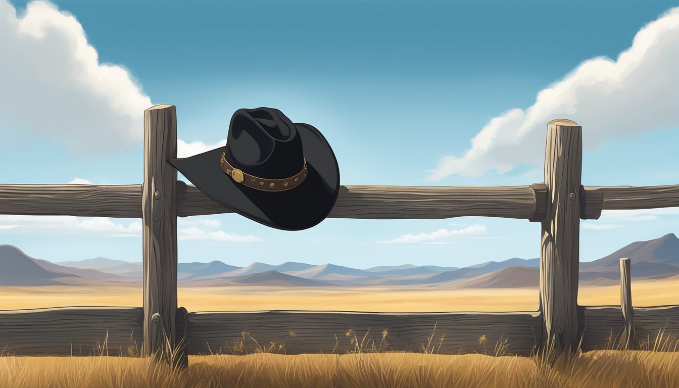 A cowboy hat resting on a wooden fence post, surrounded by a vast open plain under a clear blue sky