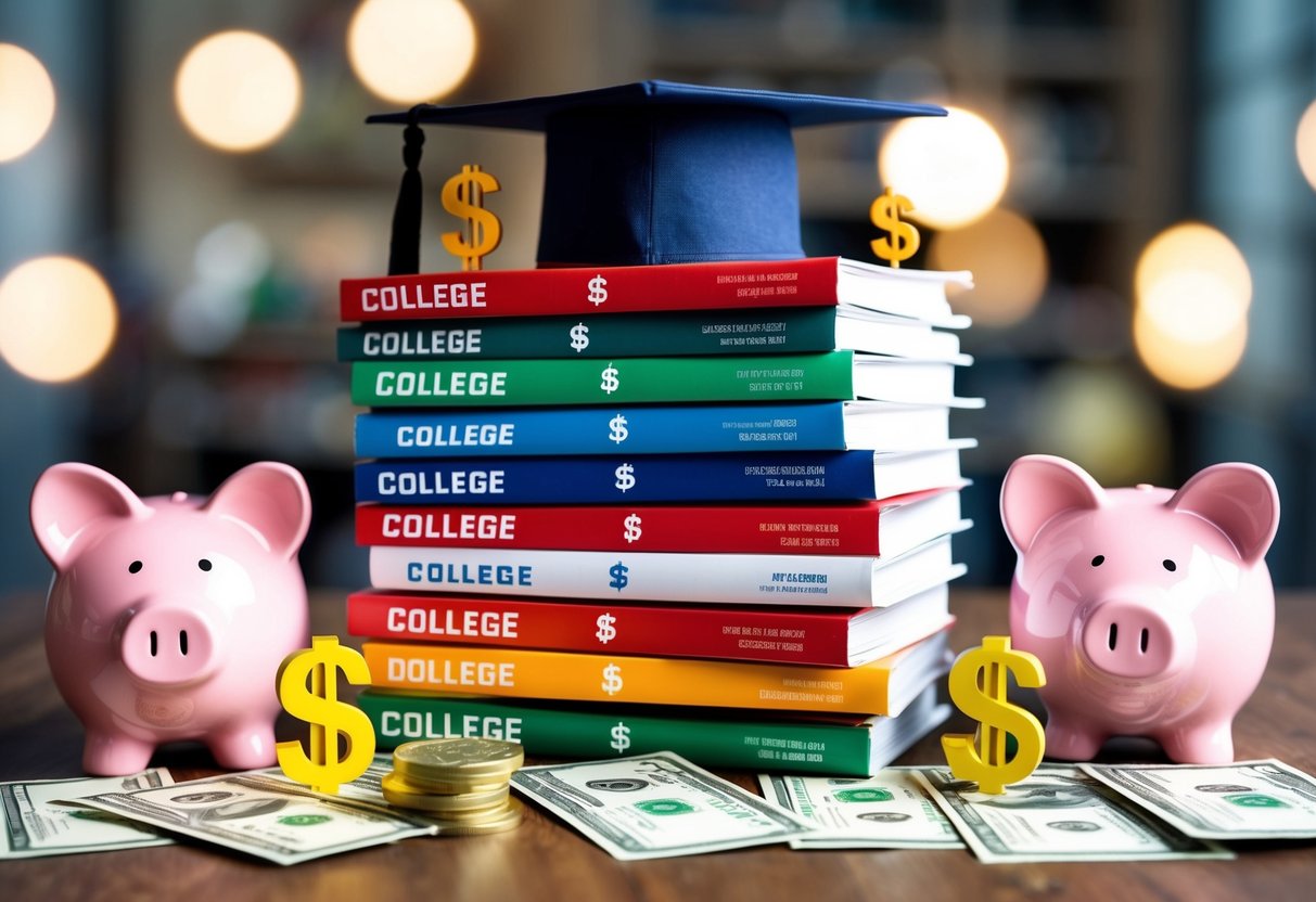 A stack of college brochures surrounded by dollar signs and piggy banks