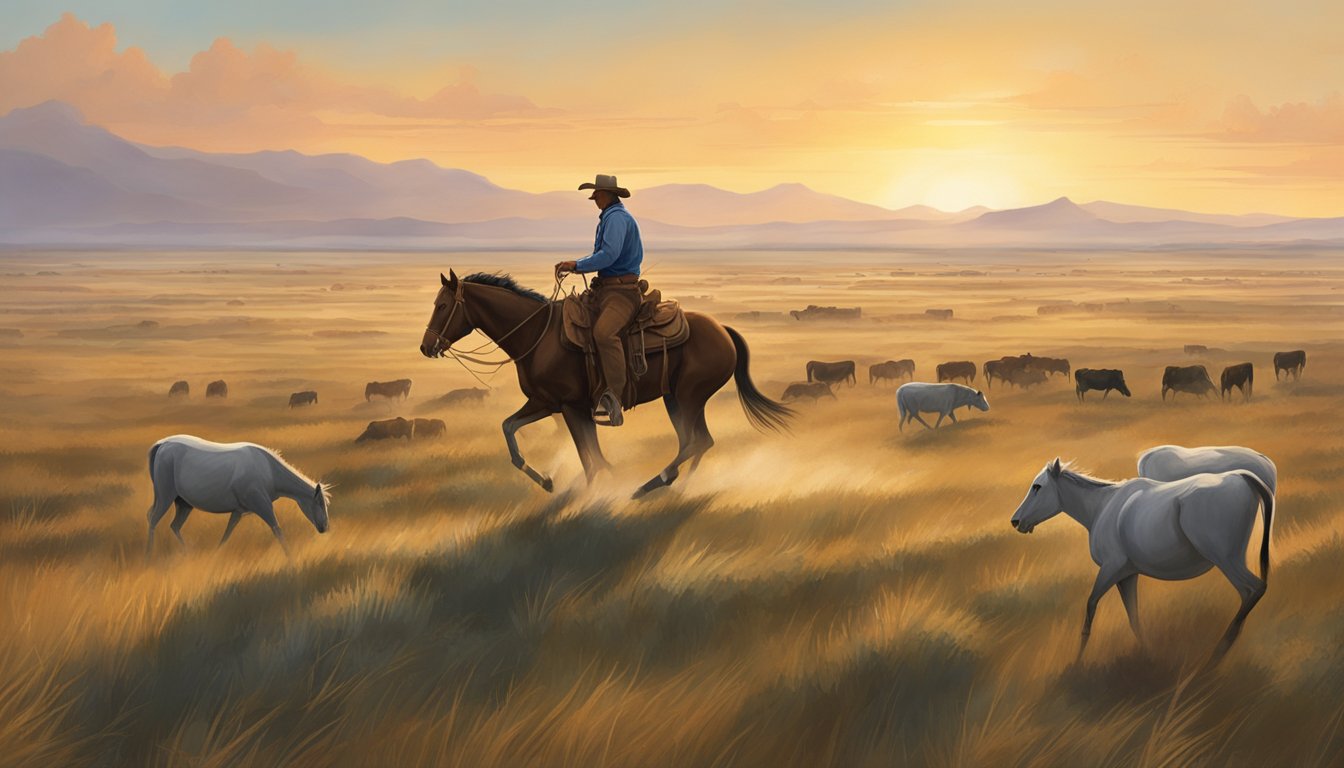 A lone cowboy rides a sturdy horse through a vast, open prairie, with a herd of cattle in the distance. The horse is essential to the cowboy's way of life, symbolizing freedom and independence