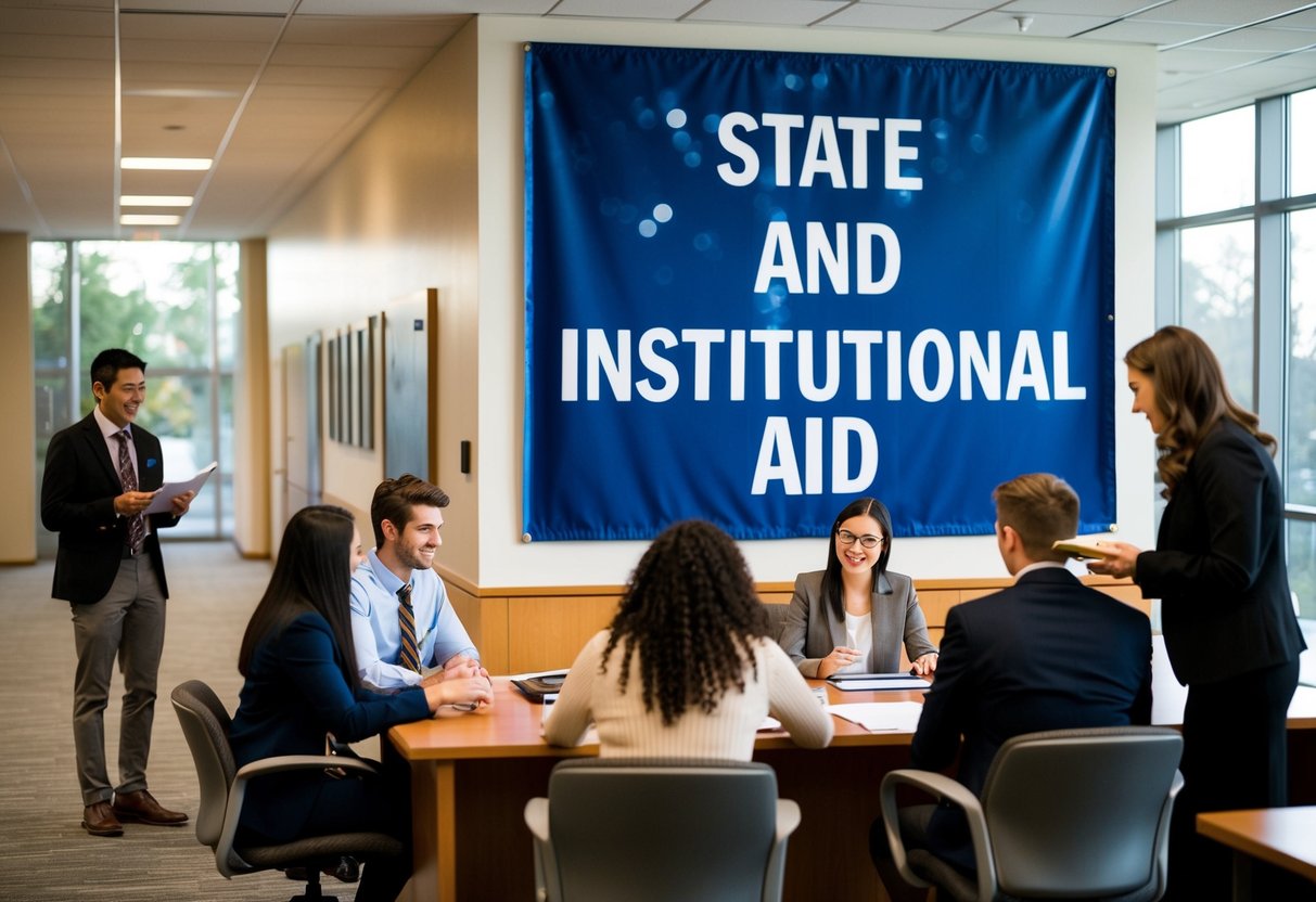 A college campus with a financial aid office, students receiving information, and a large banner displaying "State and Institutional Aid."