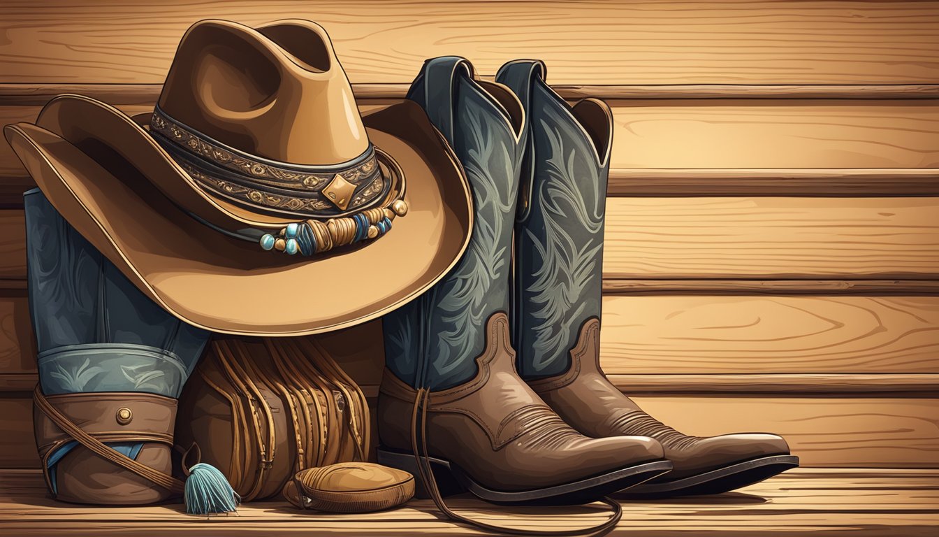 A cowboy hat placed on a wooden rack, surrounded by other Western fashion accessories like boots and a lasso