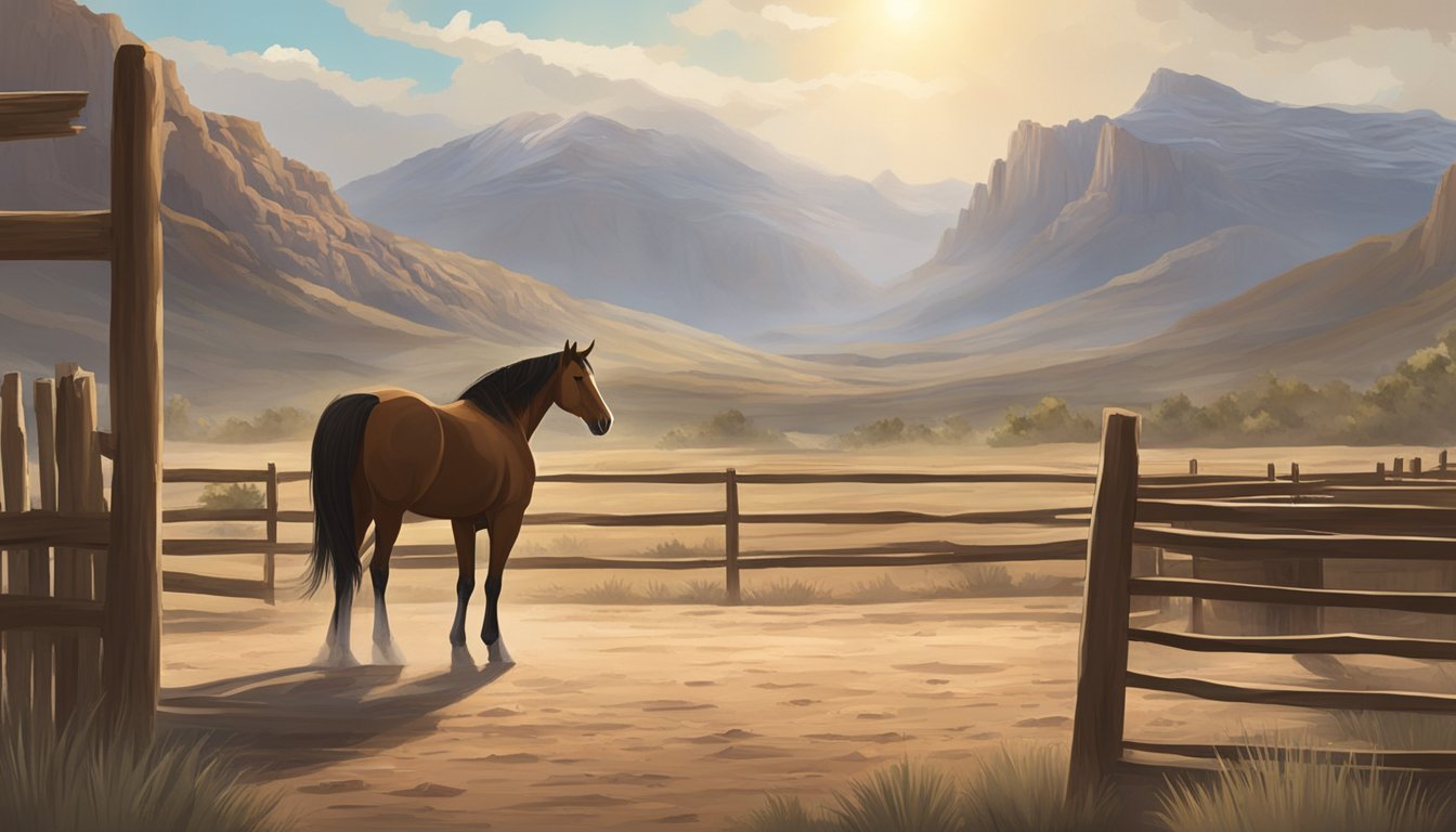 A lone horse stands in the center of a dusty, sun-soaked corral, surrounded by weathered fences and a backdrop of rugged mountains