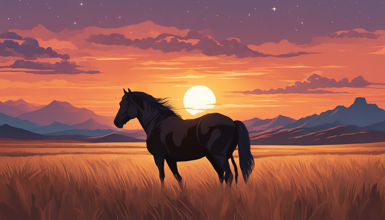 A lone horse stands silhouetted against a fiery sunset, symbolizing the enduring legacy of cowboy culture