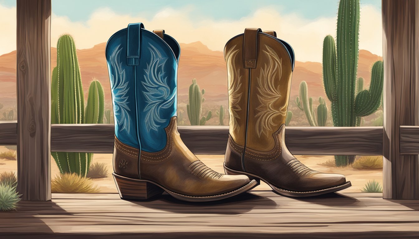 A pair of worn cowboy boots sits on a weathered wooden porch, surrounded by cacti and desert scenery