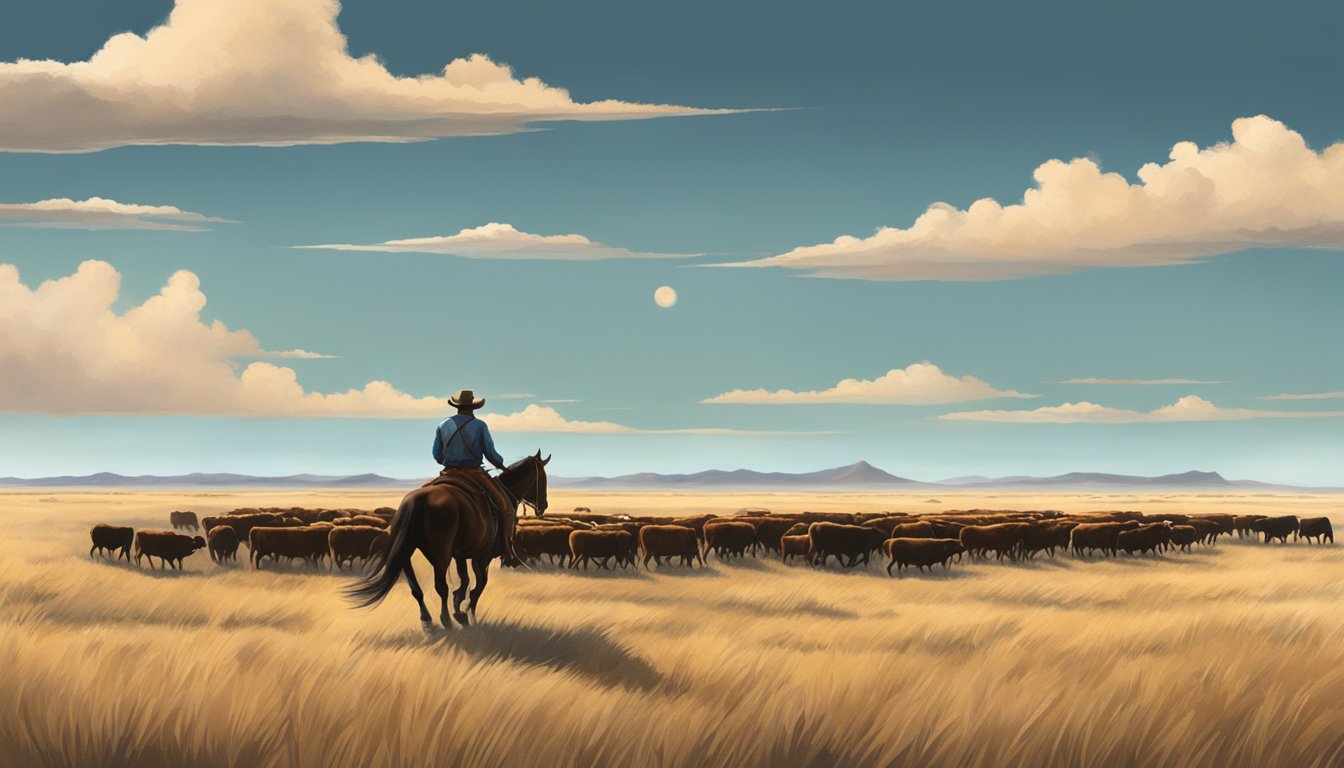 A lone cowboy rides across the open plains, with a herd of cattle in the distance and a big Texas sky overhead