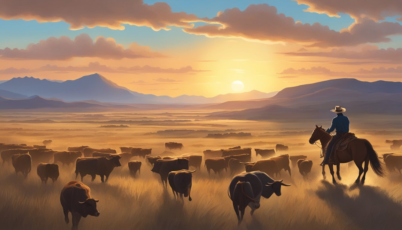 A lone cowboy rides across the vast Texan prairie, herding cattle under the big open sky. The sun sets behind distant mountains, casting a warm glow over the rugged landscape