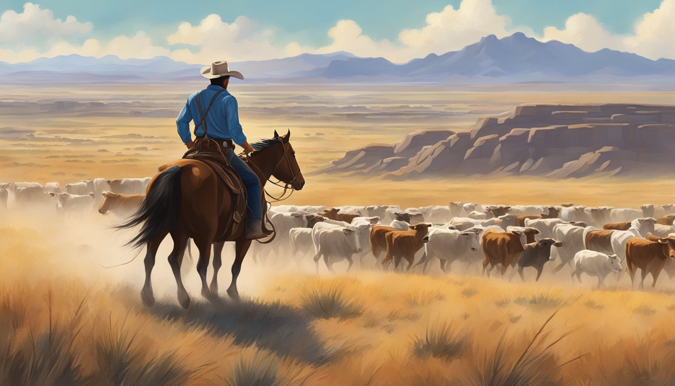 A lone cowboy rides across a vast Texas landscape, herding cattle under the big open sky