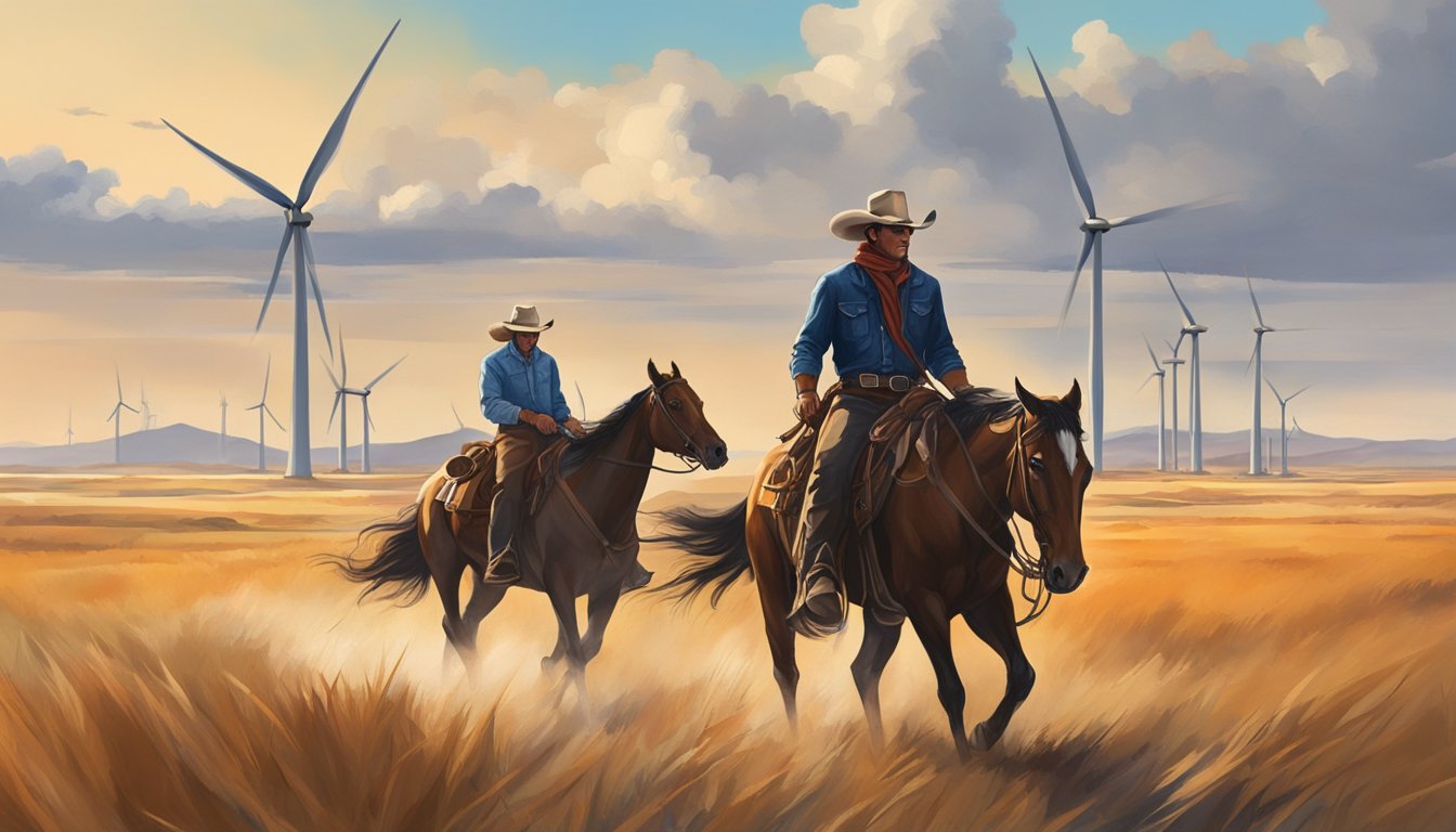 A lone cowboy rides through a vast, open prairie, surrounded by modern wind turbines and oil rigs, symbolizing the evolving legacy and challenges of the Texas cowboy