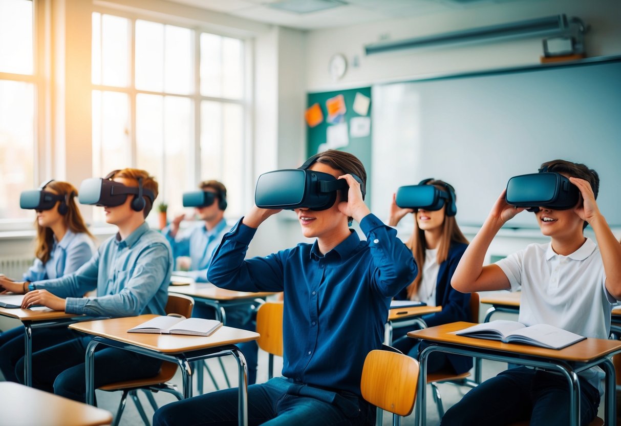 A classroom environment with students using VR headsets to explore virtual worlds and engage in interactive educational experiences