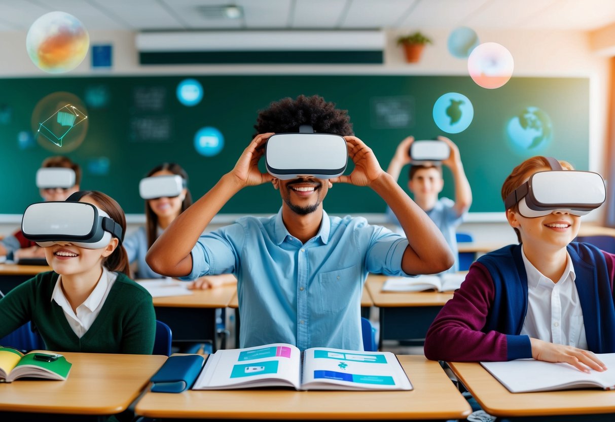 A classroom setting with students wearing VR headsets, interacting with virtual educational content, showing signs of increased engagement and enthusiasm