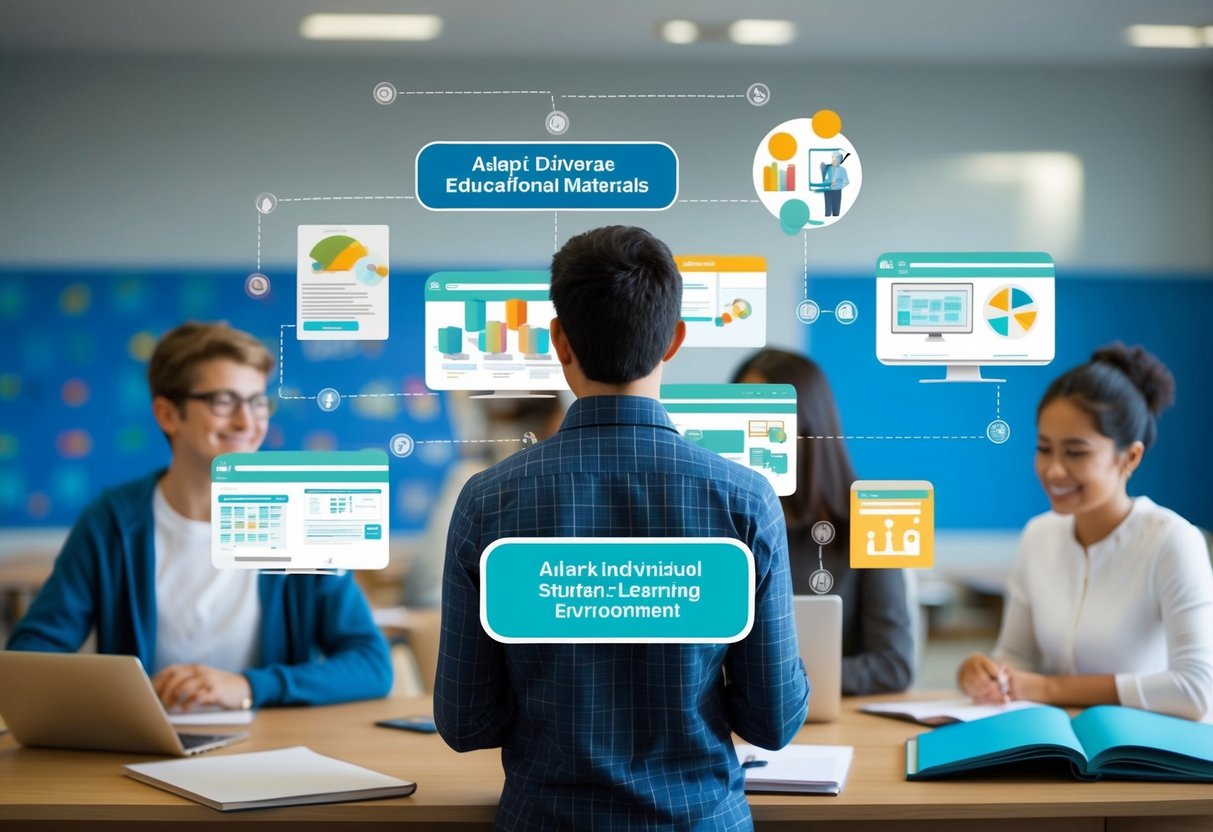 An AI algorithm interacts with diverse educational materials, adapting to individual student needs in a virtual learning environment