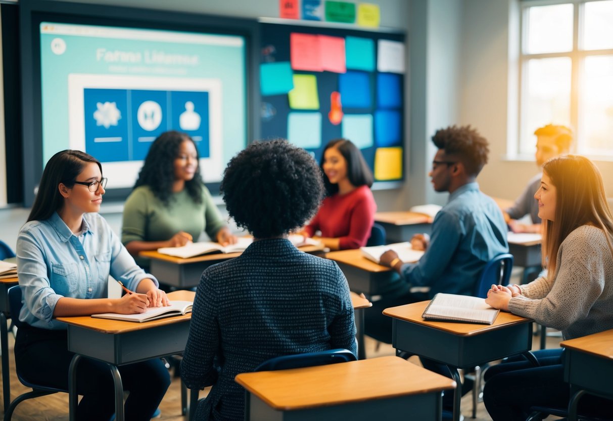 A classroom setting with diverse students using AI technology for personalized learning, while facing ethical dilemmas