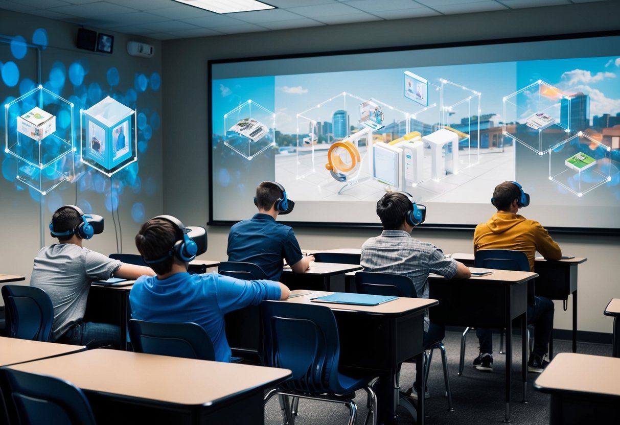 A classroom with AR headsets on students, projecting 3D models and interactive simulations onto the walls and desks