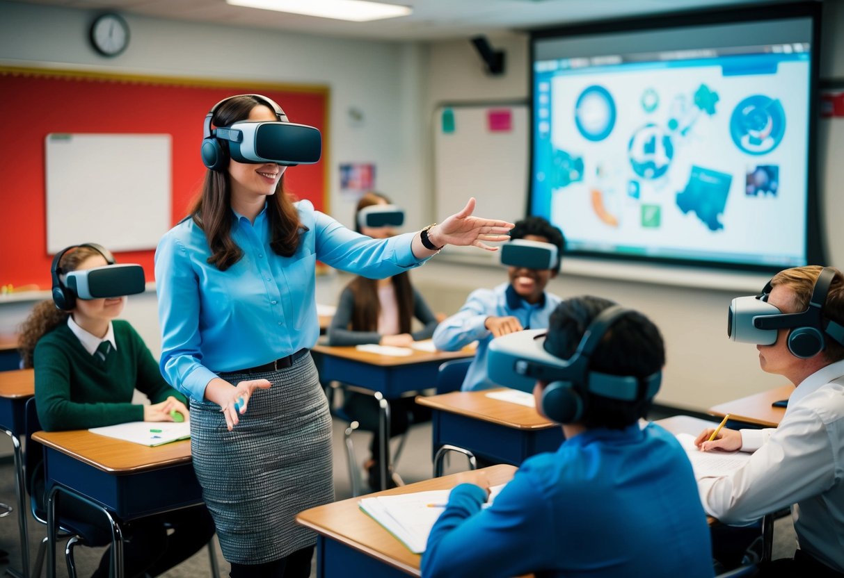 A classroom with students using AR headsets, interacting with virtual objects projected onto their desks. The teacher demonstrates a lesson using AR technology