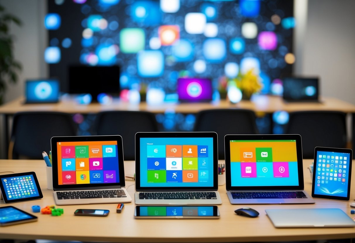 An array of colorful digital tools and gadgets arranged on a desk, including tablets, laptops, interactive whiteboards, and educational software