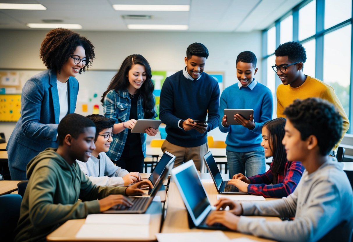 A diverse group of students engage in interactive learning activities using digital devices in a modern K-12 classroom