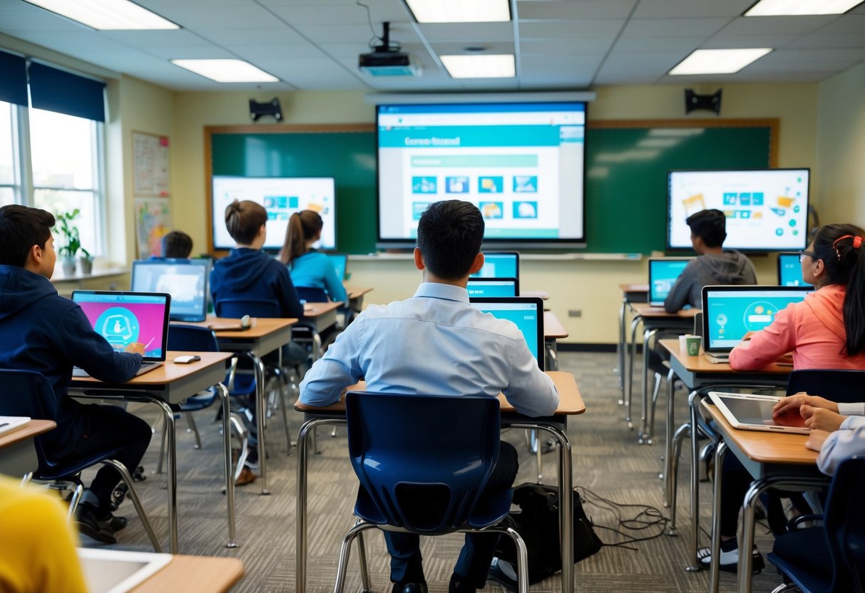 A classroom with digital devices, interactive whiteboards, and students engaged in online learning activities