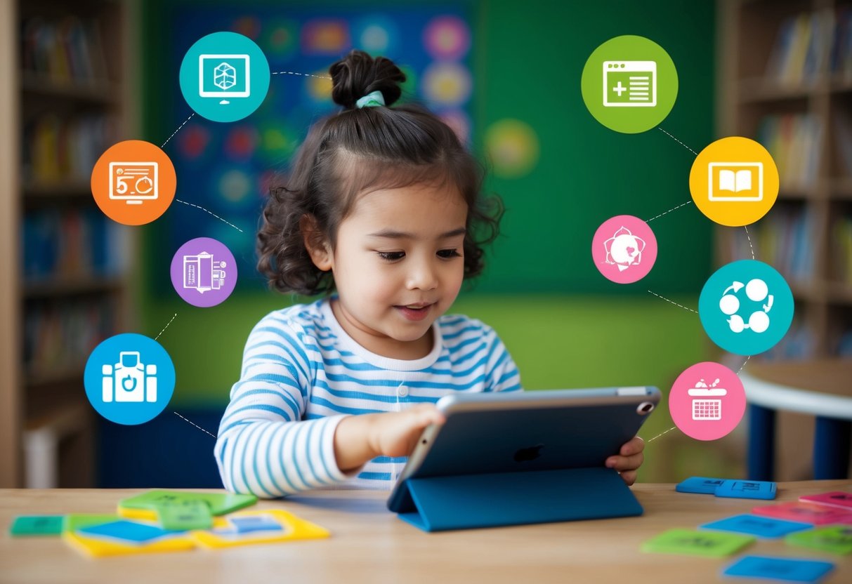 A young child using a tablet, surrounded by colorful educational app icons and engaged in interactive learning activities