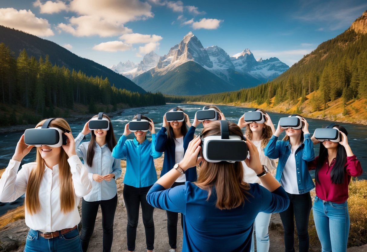 A group of students wearing VR headsets explore a digital landscape of mountains and rivers