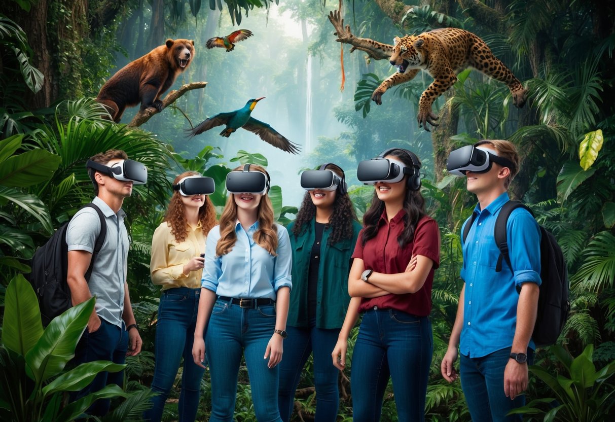 A group of students wearing VR headsets explore a digital representation of a rainforest, surrounded by lush greenery and exotic wildlife