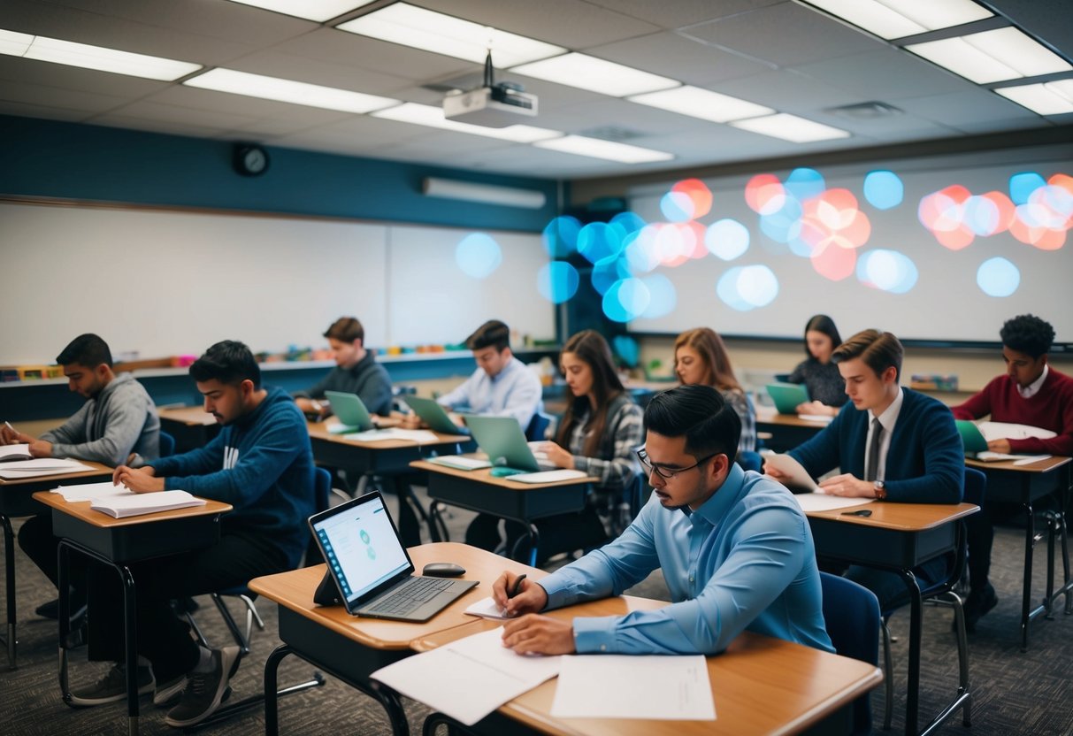 A classroom with AI-powered devices grading student work