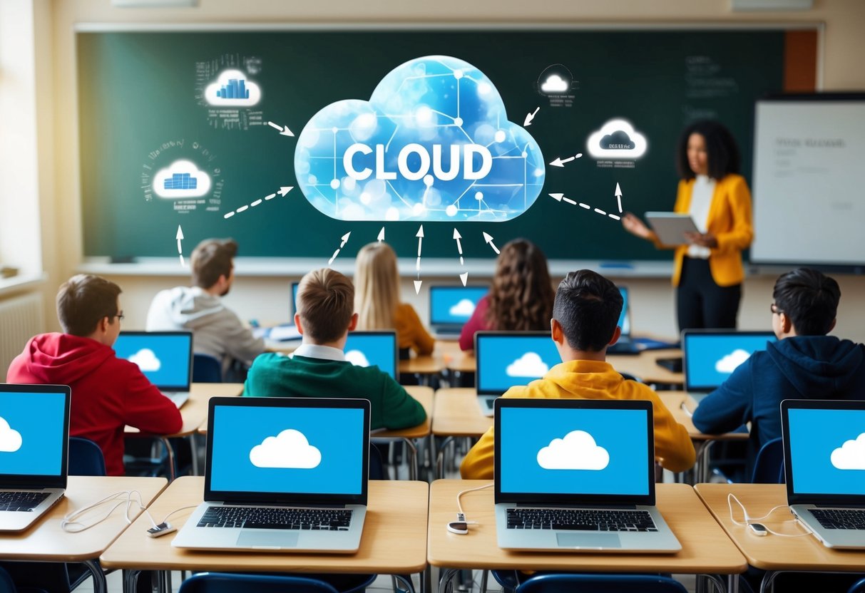 A classroom with students using laptops connected to the cloud for collaborative learning and accessing educational resources