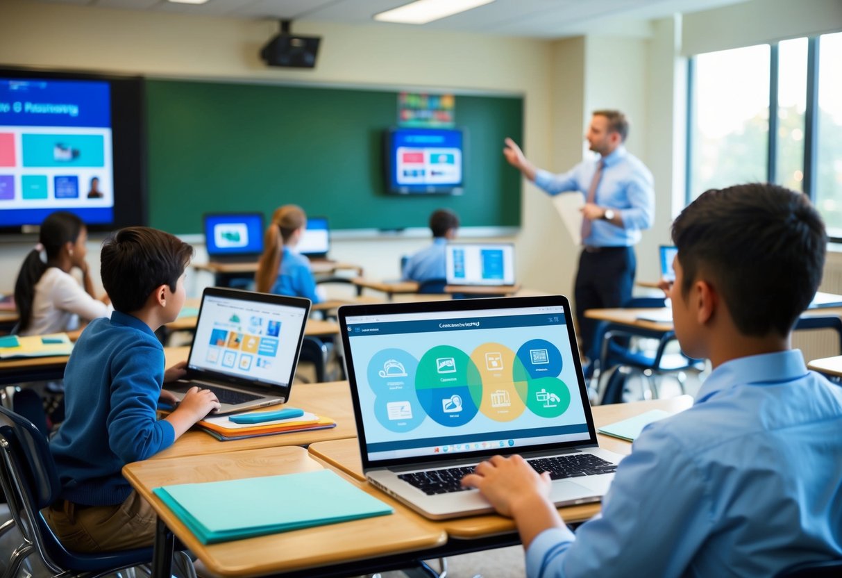 A classroom setting with students accessing digital learning materials on various devices, while a teacher navigates through cloud-based educational platforms on a computer