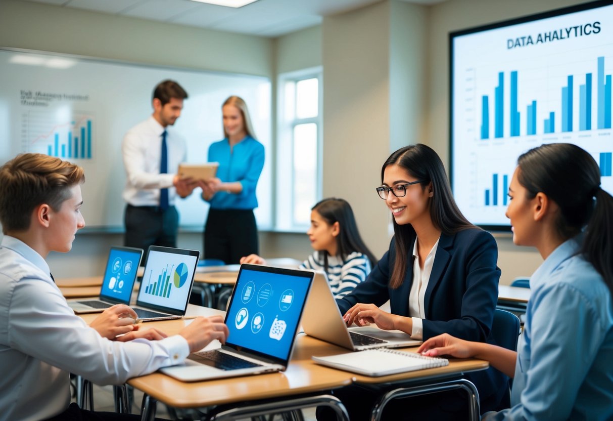 A classroom with students and teachers interacting with digital devices and charts displaying data analytics