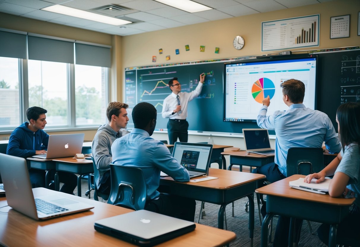 A classroom with students working on laptops, while a teacher analyzes data on a computer. Graphs and charts are displayed on the walls