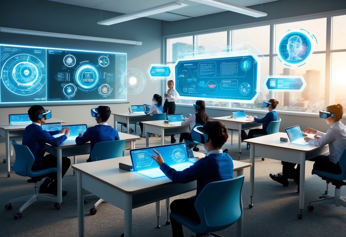 A futuristic classroom with holographic displays and interactive learning tools. Students engage with virtual reality headsets and AI-powered educational software