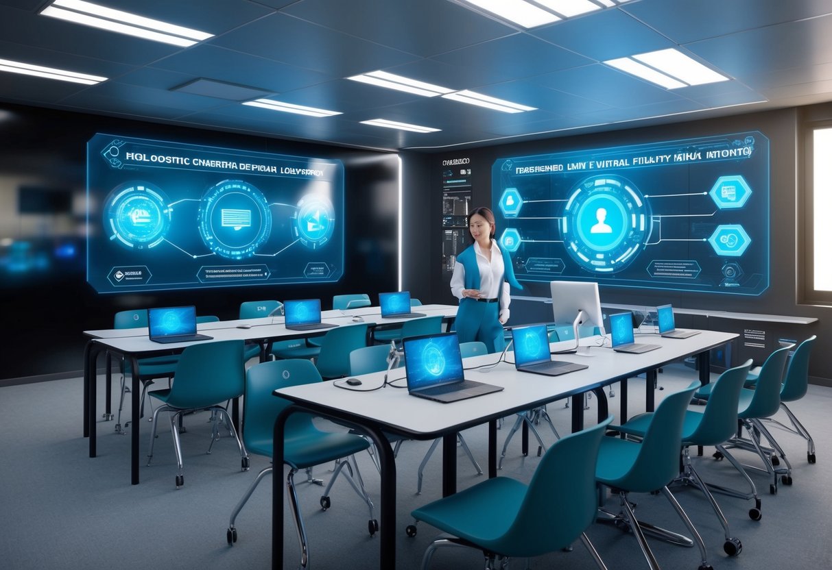 A futuristic classroom with holographic displays, AI-assisted learning, and interactive virtual reality simulations