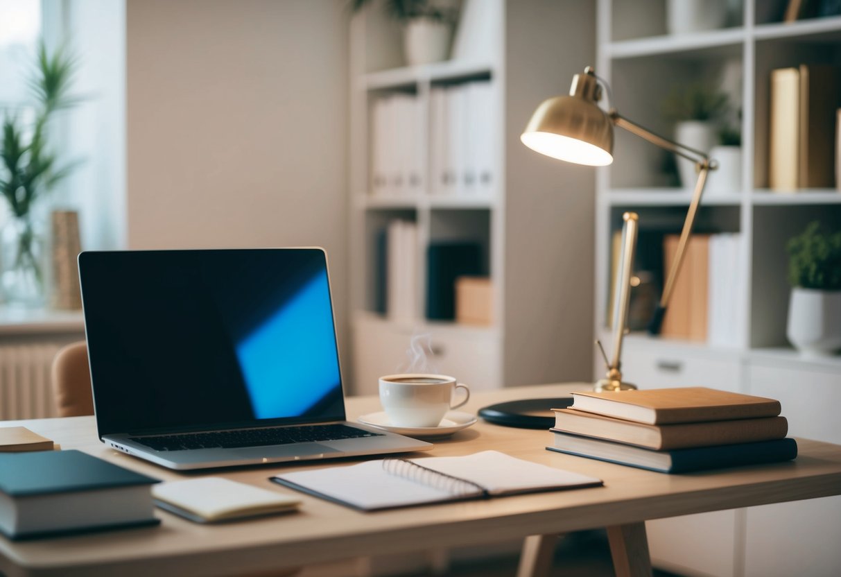 A cozy home office with a laptop, books, and a cup of coffee on a desk, surrounded by a calm and organized environment