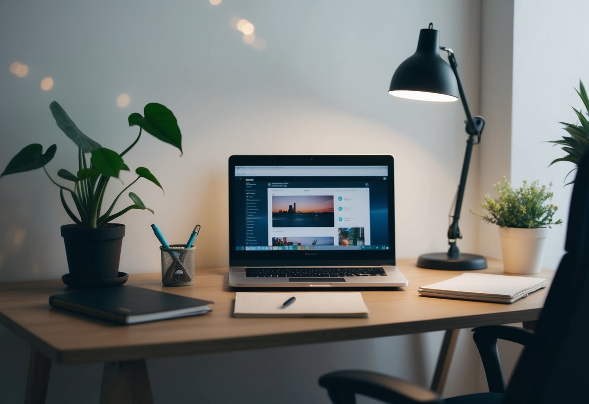 A clutter-free desk with a laptop, notebook, and pen. A comfortable chair, good lighting, and a plant for a calming atmosphere